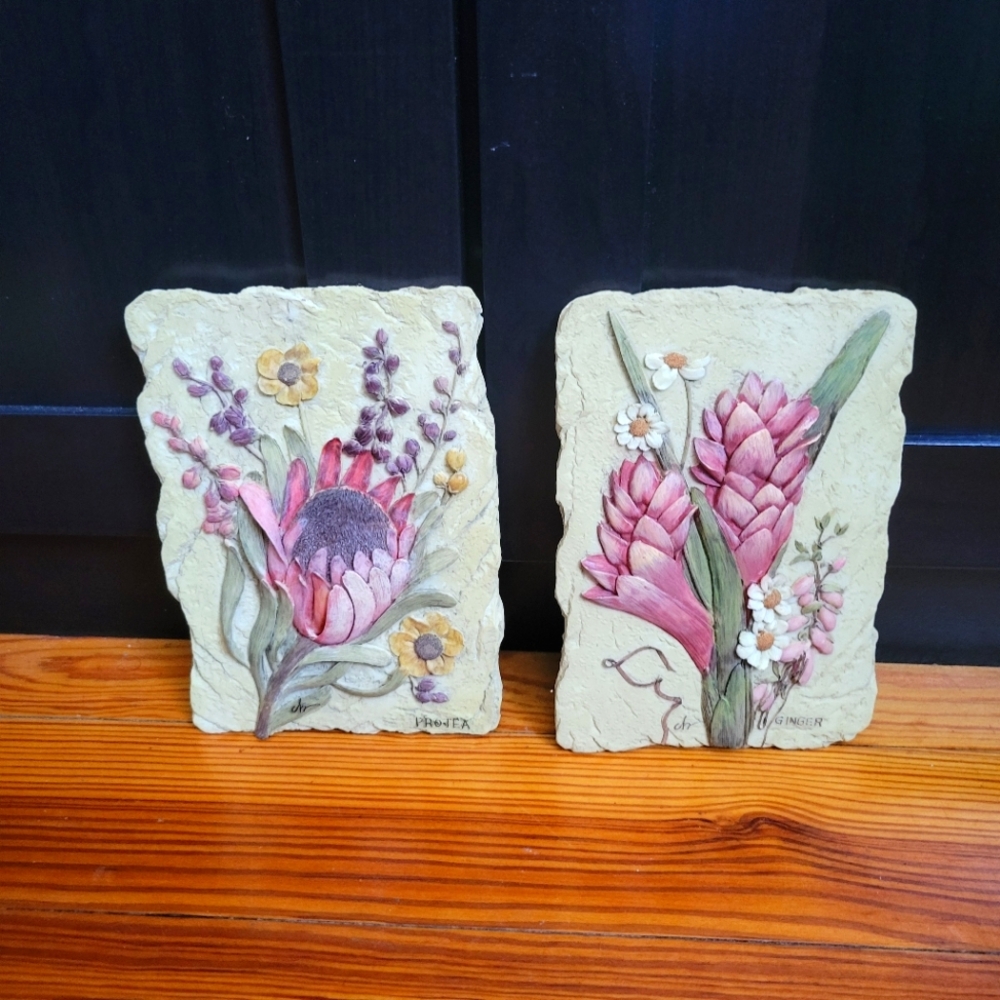 X2 Set Cheri Blum Resin Faux Slate 3D Floral Wall Art Decor Plaques Ginger Prote